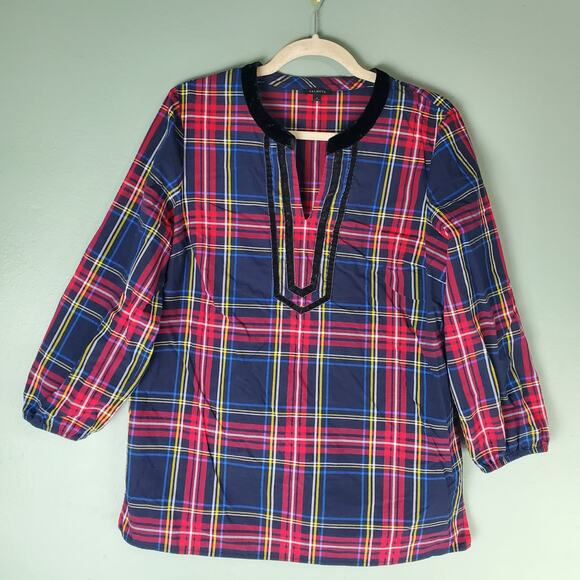 J Crew Tartan Plaid Stewart Classic Red Black Velvet Trim Top Blouse Size Medium - Picture 1 of 5
